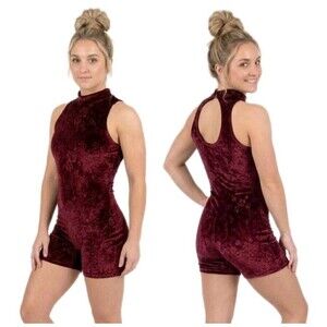 Body Wrappers VTG Embossed Rose Velvet Keyhole High Neck Biketard Preteen AXS AS